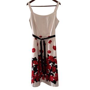 Studio I White Fit & Flare Sleeveless Dress With Red & Black Floral Print Ribbon